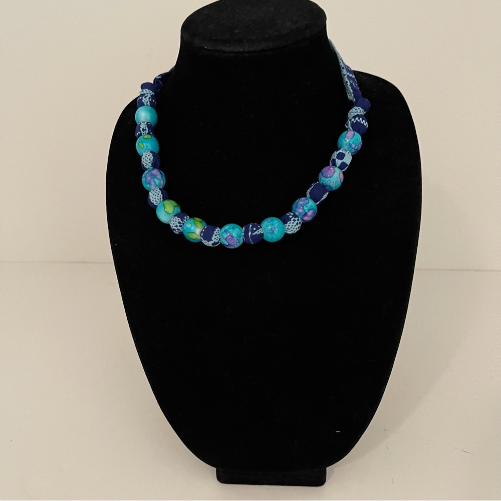 Elegant Blue Handmade Beaded Ankara Cotton Necklace